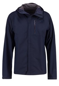 Veste imperméable bleu marine avec capuche, fermeture éclair à l'avant, poche zippée sur la poitrine et fermetures ajustables aux poignets.