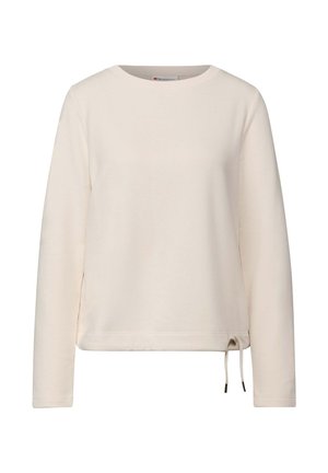 Lichtbeige sweatshirt, lange mouwen, ronde hals, trekkoord aan de onderkant, zachte stoftextuur, minimalistisch ontwerp, geen zichtbare patronen.