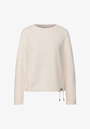 Felpa beige chiaro, maniche lunghe, scollatura rotonda, cordino all'orlo, texture del tessuto morbida, design minimalista, senza motivi visibili.