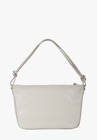 Borsa a spalla in pelle color beige chiaro con una texture liscia, chiusura con zip e dettaglio della tracolla annodata. Forma semplice e lineare.