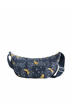Navy blue padded crossbody bag with adjustable strap, featuring white paisley and yellow banana patterns.