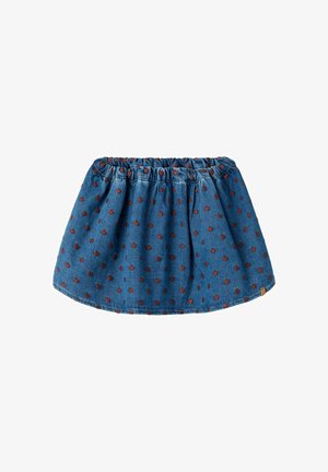 Blå denim nederdel med elastisk linning og små brune hjerte-mønstre jævnt fordelt over stoffet.