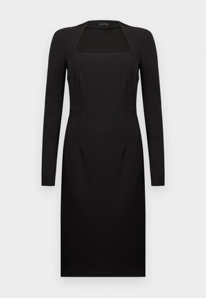 Robe noire à manches longues, longueur au genou, avec un décolleté carré et une silhouette ajustée.