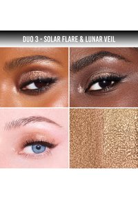 Le Duo 3 présente deux teintes de maquillage : un bronze scintillant et un or pailleté, appliqués sur différentes teintes de peau, avec des gros plans des yeux et des textures.