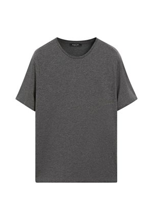 Šedé tričko s krátkým rukávem z měkké bavlny. Má kulatý výstřih a volnější střih. Hladká textura bez viditelných vzorů nebo ozdob.