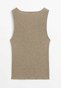 Beige ribbed tank top with wide armholes and a round neckline. The texture is soft and fitted, providing a smooth silhouette.