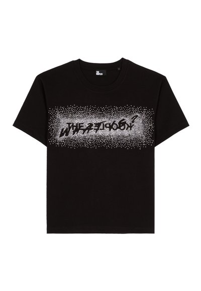 Zwarte katoenen t-shirt met een witte stippenafbeelding en de tekst "THE ZOOLOGY" in een gestileerd lettertype in het midden. Korte mouwen.
