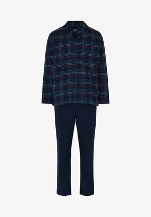 Geruite pyjama-set met een blauw, rood en teal geruite lange mouwtop met een kraag en marineblauwe broek. Katoenen stof, relaxte pasvorm.
