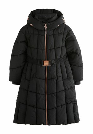 Manteau rembourré noir, avec un design matelassé, un col haut avec logo, une fermeture éclair en rose gold et une ceinture élastiquée à la taille.