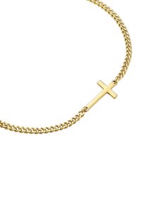 Collar de cadena de oro con un colgante central en forma de cruz. Diseño de eslabones con un acabado pulido que muestra una textura suave y un color brillante.