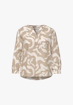 Beige langärmelige Bluse mit abstraktem weißem Wirbelmuster, V-Ausschnitt und elastischen Bündchen.