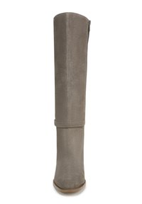 Gray suede knee-high boot with a rounded toe, subtle heel, and a single strap detail around the ankle. Zipper closure along the back.