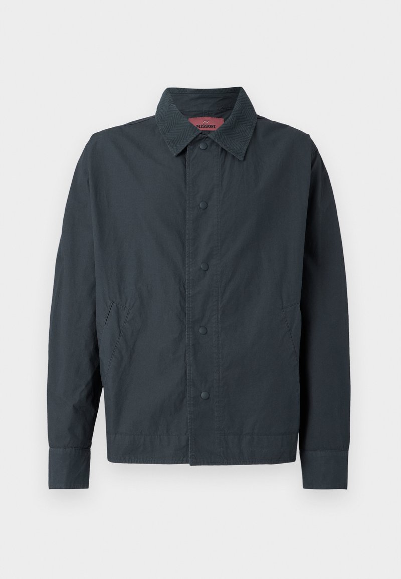 Dark blue lightweight jacket made of smooth fabric, featuring a button front, a collared neck, and side pockets. Simple design with no embellishments.