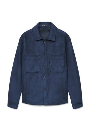 Veste bleu marine à boutons, avec col, deux poches poitrine et deux poches latérales, présentée sur fond blanc.