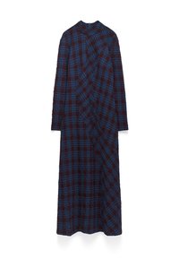 Langärmliges Karo-Kleid in dunklem Burgunderrot und Blau, mit Wickeldesign, hochgeschlossenem Kragen und aus einem strukturierten Stoff gefertigt.