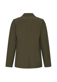 Blazer sur mesure vert olive, présenté de dos avec des manches longues et une fente centrale dans le dos sur un fond blanc.