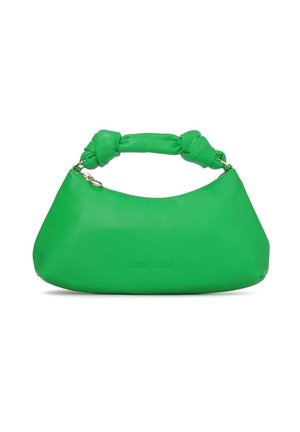 Jasně zelená kožená kabelka s polstrovanou uzlovitou rukojetí, zakřiveným trojúhelníkovým tvarem a jemně vyraženým názvem značky na přední straně.