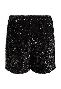 Pantaloni corti neri in paillettes con superficie texture, cintura elastica e vestibilità ampia. Le paillettes riflettono la luce creando un effetto scintillante.