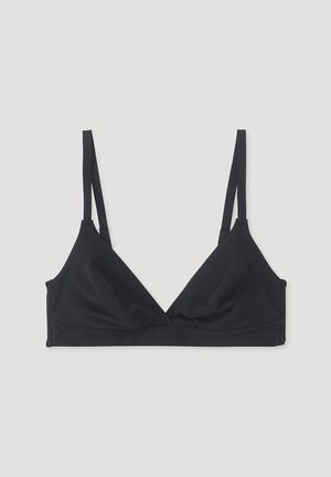 Schwarz dreieckiger Bralette mit dünnen verstellbaren Trägern, aus weichem Stoff gefertigt, mit einer glatten Textur und minimalen Designdetails.