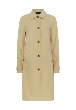 Trench-coat beige longueur genoux avec cinq boutons marron, manches longues, poches latérales et col classique pointu.