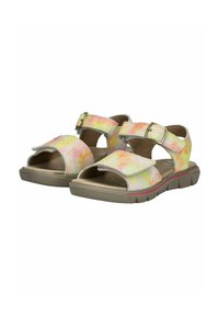 Barevné sandály s texturovaným svrškem v růžové, žluté a bílé barvě, vybavené dvěma nastavitelnými pásky a odolnou béžovou podrážkou.