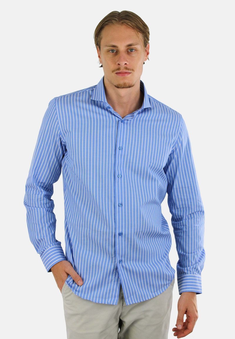 Blauwe gestreepte lange mouwen shirt met knoopsluiting, gladde stof en contrasterende lichter gekleurde strepen. Licht afgeronde zoom en manchetten.