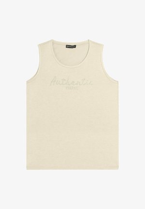 Canotta beige senza maniche con scollo rotondo e testo in strass "Authentic Freddy" sul petto.