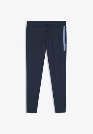 Navy blue jogger pants made from soft material, featuring an elastic waistband with a drawstring and a light blue side stripe with logo detail.