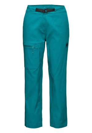 Türkisfarbene Outdoorhose mit geradem Bein, integriertem schwarzem Gürtel und Reißverschlusstasche am linken Oberschenkel, mit kleinem Logo auf der rechten Seite.