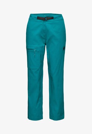 Türkisfarbene Outdoorhose mit geradem Bein, integriertem schwarzem Gürtel und Reißverschlusstasche am linken Oberschenkel, mit kleinem Logo auf der rechten Seite.