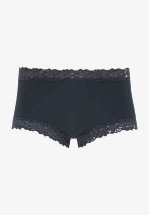 Mörkgrå hipsterunderkläder med en slät huvuddel och en delikat spetskant vid midjan och benöppningarna, med scalloperade kanter.