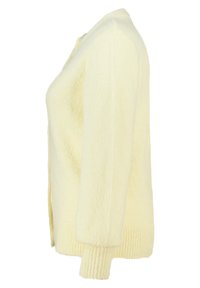 Lichtgele cardigan van zacht, pluizig materiaal, met een ronde halslijn, geribbelde manchetten en een losse pasvorm zonder zichtbare sluitingen.