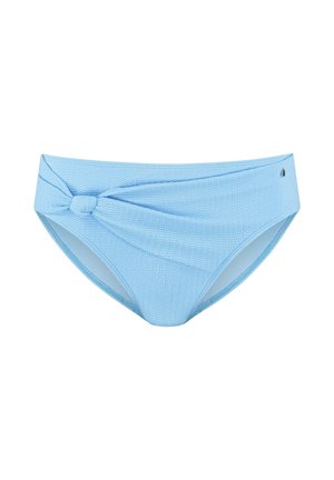 Hellblauer strukturierter Bikini-Slip mit einem Knoten-Detail auf der linken Seite und einem kleinen Metall-Logo am rechten Bund.