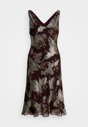 Ärmelloses, dunkelviolettes Midikleid mit V-Ausschnitt und metallischem silbernem Blumenmuster.