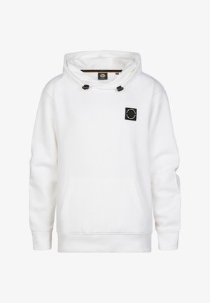 Weißer Kapuzenpullover mit Kängurutasche, getragen mit hellblauen Jeans und weißen Sneakern. Auf der Brust befindet sich ein kleines schwarzes Logo.