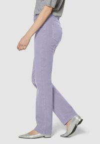 Lichtpaarse uitlopende jeans met een gladde structuur, voorzien van een hoge taille en achterzakken, gecombineerd met zilveren platte schoenen.