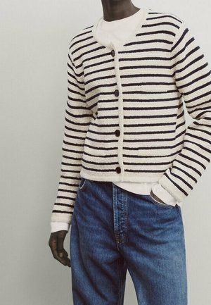 Cream and navy striped cardigan with a textured, soft surface, featuring a round neckline, five-button closure, and ribbed cuffs.