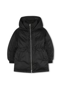 Veste bouffante noire avec capuche, dotée d'une fermeture éclair, de deux poches avant et de poignets élastiques. Tissu en nylon lisse et brillant, taille cintrée.