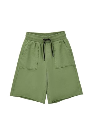 Pantaloncini verde oliva fino al ginocchio con vita elastica a coste, coulisse nera e grandi tasche applicate frontali.