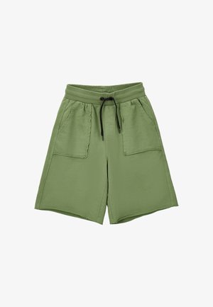 Pantaloncini verde oliva fino al ginocchio con vita elastica a coste, coulisse nera e grandi tasche applicate frontali.