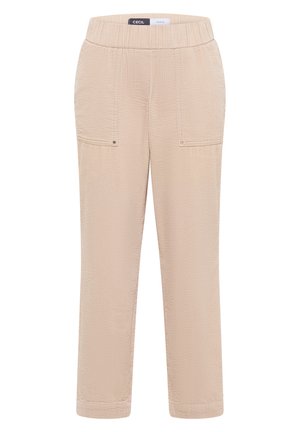 Beige, texturierte Hose mit einem flexiblen Bund und zwei Fronttaschen, ausgestattet mit dezenten metallischen Akzenten und einem geraden Beinansatz.
