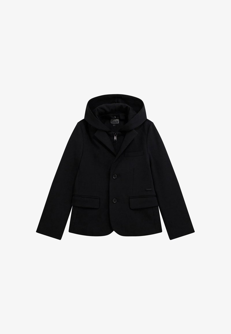 Giacca blazer nera con cappuccio staccabile, dotata di chiusura con zip, bottoni frontali e due tasche laterali. Tessuto liscio e design sartoriale.