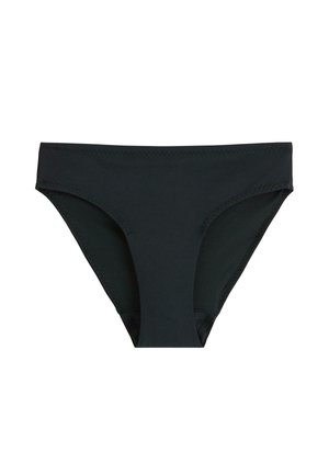 Sort bikini-style undertøj til kvinder med enkelt design og syninger ved kanterne, vist mod en hvid baggrund.