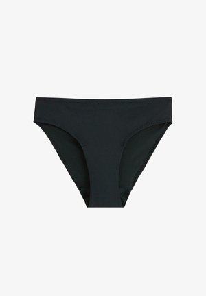 Sort bikini-style undertøj til kvinder med enkelt design og syninger ved kanterne, vist mod en hvid baggrund.