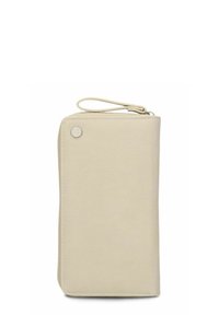 Beige leren portemonnee met een gestructureerde afwerking,ritssluiting en een bevestigde polsband. Heeft een subtiele logo-knop aan de ene kant.