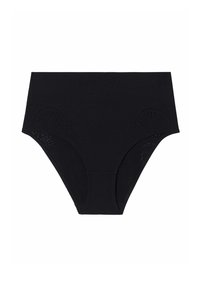 Zwarte high-waisted onderbroek met decoratieve laser-cut details langs de zijkanten. Gemaakt van zachte stof, met een gladde textuur en zonder zichtbare naden.