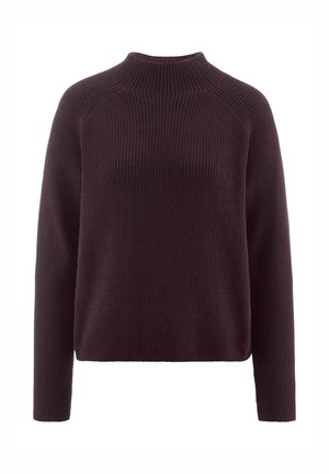 Dunkelburgunderfarbenes Sweatshirt aus geripptem Strickmaterial mit hohem Kragen, langen Ärmeln und einer lässigen Passform mit überschnittenen Schultern.