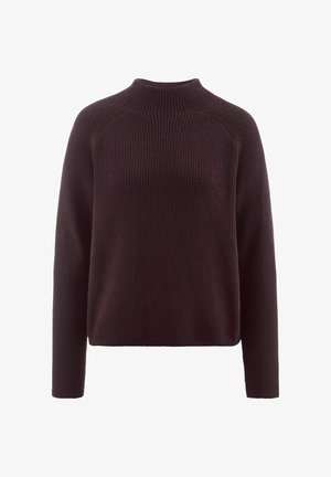 Dunkelburgunderfarbenes Sweatshirt aus geripptem Strickmaterial mit hohem Kragen, langen Ärmeln und einer lässigen Passform mit überschnittenen Schultern.