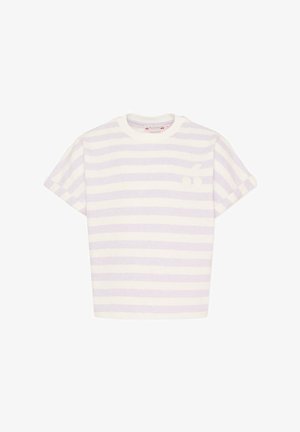 Krótki rękaw w paski w kolorze bladego lawendowego i białym. Wykonany z miękkiej tkaniny o luźnym kroju z subtelną grafiką wiśni na piersi.