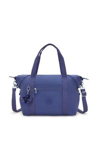 Borsa a tracolla in tessuto viola con doppi manici e una tracolla rimovibile. Presenta una tasca frontale con zip e un accessorio portachiavi peloso.